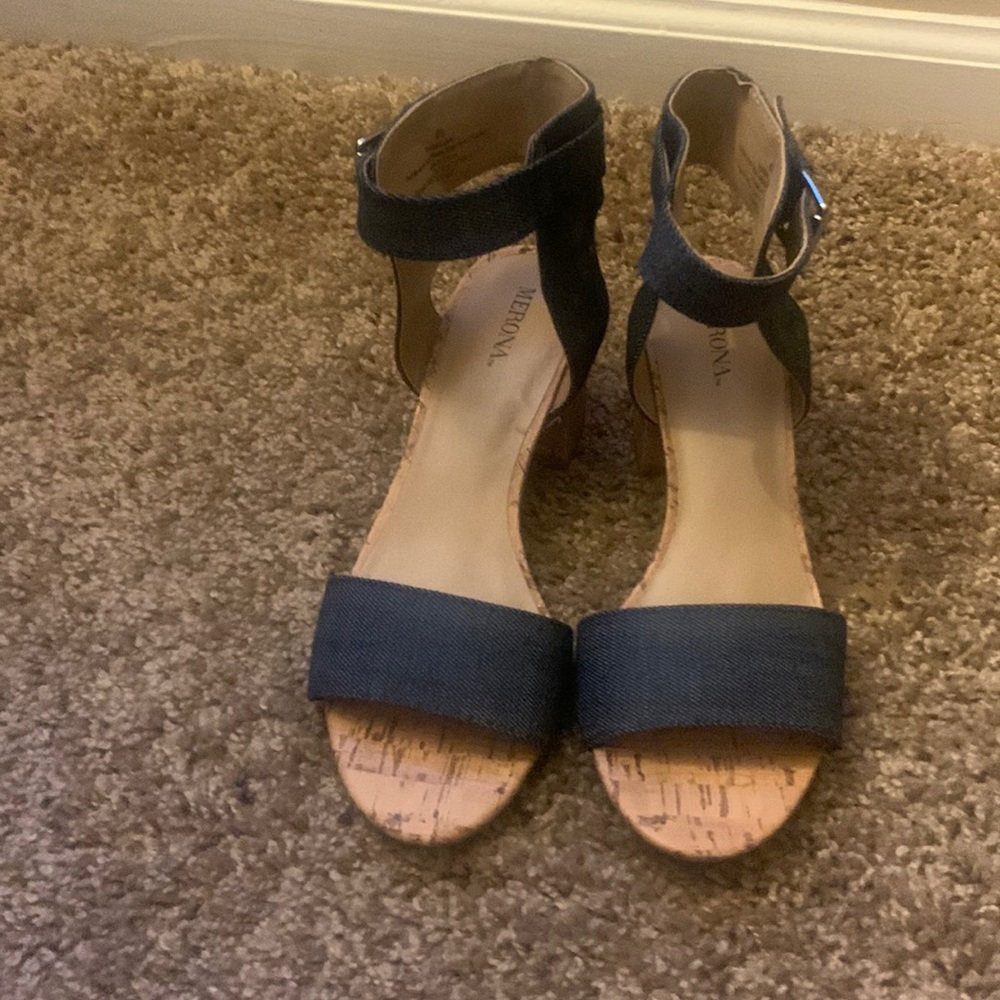 Size 6 1/2 Blue Jean with cork block heel.